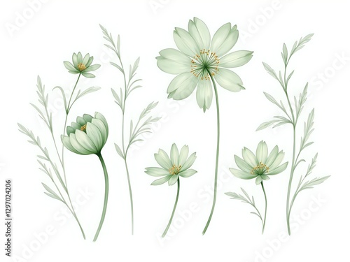 Delicate green flowers and foliage in soft illustrative style