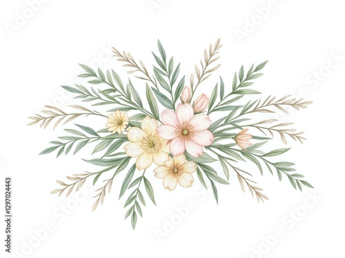 Delicate floral design with soft colors and lush greenery