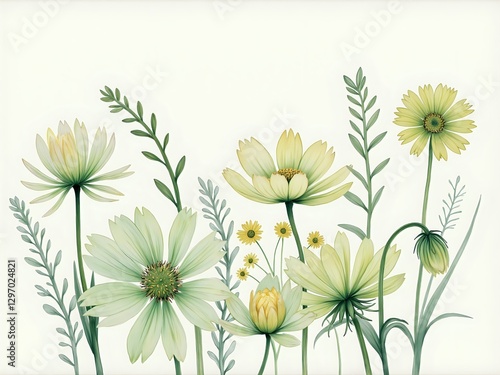 Delicate botanical illustration of soft yellow and green flowers