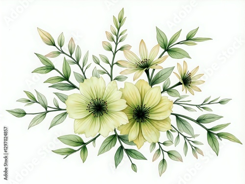 Elegant floral arrangement with soft yellow flowers and lush greenery