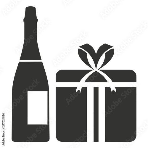 Celebration Duo: A stylish silhouette illustration showcases a bottle of celebratory beverage beside a elegantly wrapped gift box, evoking a sense of festive anticipation. 