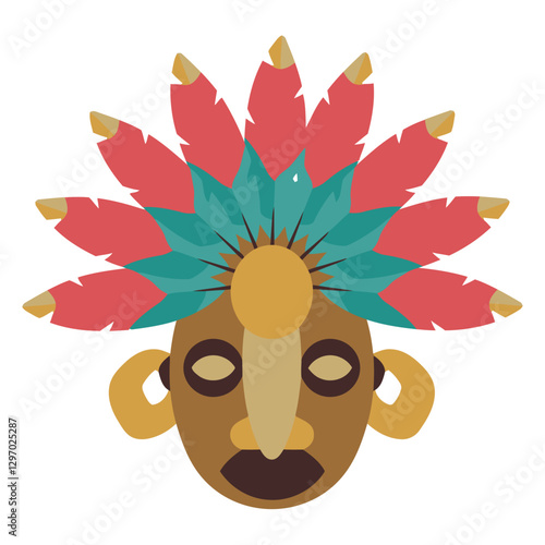 Tribal Mask: A stylized illustration of a tribal mask adorned with colorful feathers, symbolizing cultural heritage and ancestral traditions.