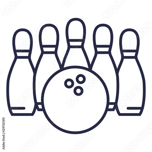 Striking Strike: A minimalist line art depiction of a bowling ball positioned to knock down a set of bowling pins, representing leisure and recreational activity.