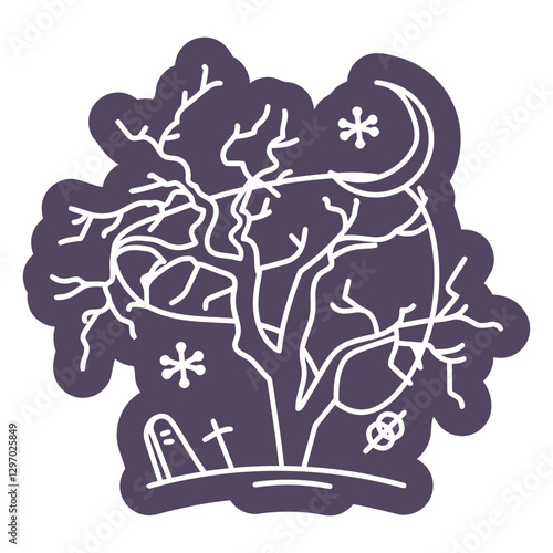 Spooky Night Sketch: A minimalist, yet evocative sketch portrays a gnarled tree silhouetted against a moonlit night, complete with a graveyard. evoking the eerie atmosphere of All Hallows' Eve.