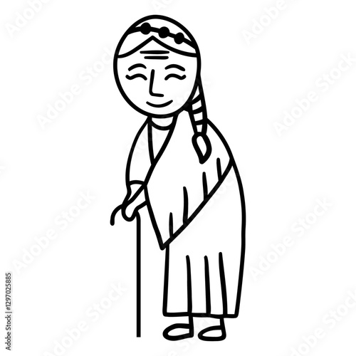 Kind Grandma: Gentle line art of an elderly woman with a serene smile, using a cane to walk, embodying wisdom, warmth, and the passage of time.