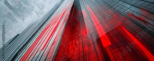 Tall skyscraper features red streaks against a glass facade