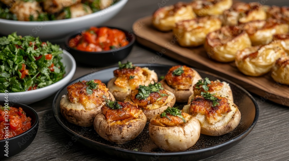A beautifully arranged platter featuring stuffed mushrooms, fresh salads, and colorful dips, perfect for a gourmet dining experience. A beautifully arranged platter featuring stuffed mushrooms, fresh salads, and colorful dips, perfect for a gourmet dining experience.