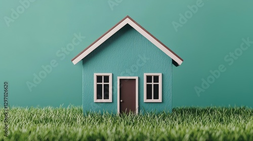 Wallpaper Mural A small, blue model house sits on lush green grass against a solid teal background, creating a fresh and inviting atmosphere. Torontodigital.ca