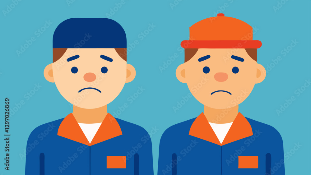 Tired Smiles Two service workers standing next to each other both with forced smiles while their eyes express weariness and sadness. Tired Smiles Two service workers standing next to each other both with forced smiles while their eyes express weariness and sadness.
