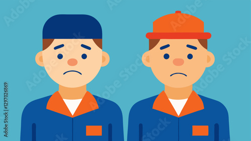 Tired Smiles Two service workers standing next to each other both with forced smiles while their eyes express weariness and sadness.