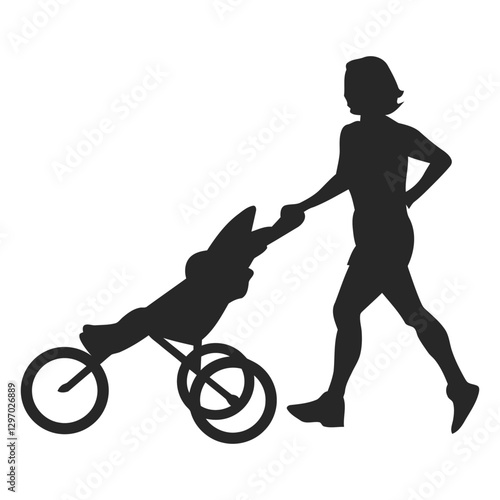 Jogging Parent Silhouette: Active parent jogging with a baby stroller, representing fitness, family, and a healthy lifestyle. A minimalist black silhouette graphic. 