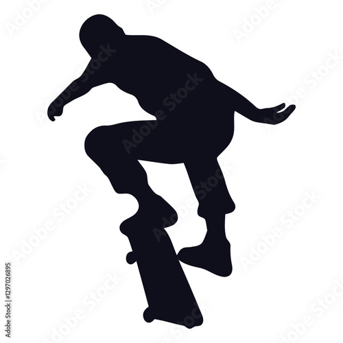 Skateboard Silhouette: Dynamic silhouette captures a skateboarder in mid-air performing a skillful trick, the graphic emphasizes motion and the thrill of the sport.