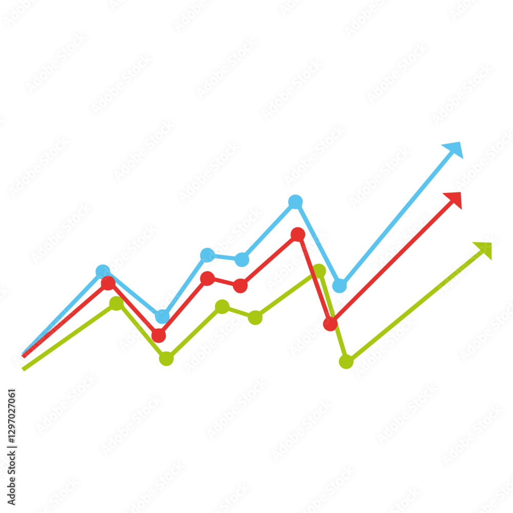 Growth Charts: Illustrative graphic showing multiple line graphs with arrows ascending, illustrating growth and progress in business and finance. 
