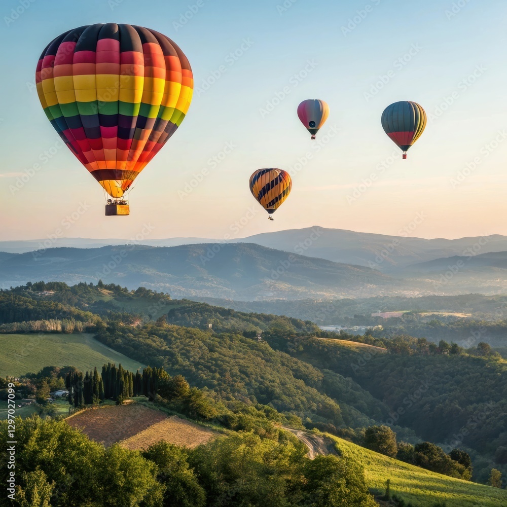 Fototapeta premium Vibrant hot air balloons soaring over lush hills in a picturesque landscape at dawn