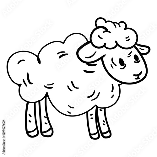 Playful Sheep Illustration: A charming cartoon sheep, rendered in a simple black and white line art style, exuding a sense of innocence and playfulness.