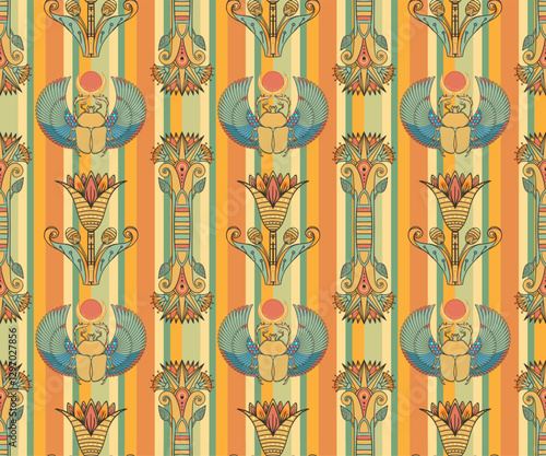 Ancient Egypt. Vintage seamless pattern with Egyptian gods and symbols. Retro hand drawn vector repeating illustration. Ra, Isis, Anubis, Sekhtmet, Cleopatra, pyramid.