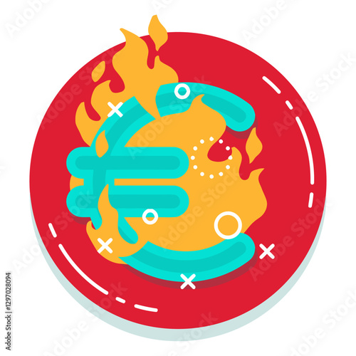 Euro Symbol in Flames: Illustrative representation of the Euro symbol engulfed in flames, symbolizing economic instability and financial risk against a vibrant red backdrop.