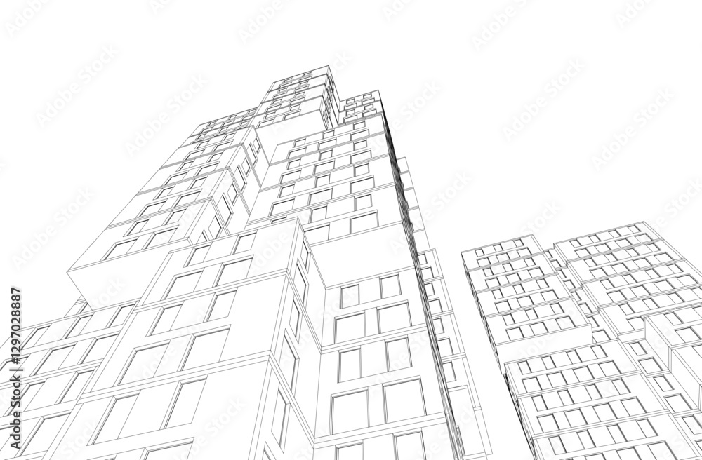 Fototapeta premium Modern Architectural Wireframe. Futuristic building perspective 