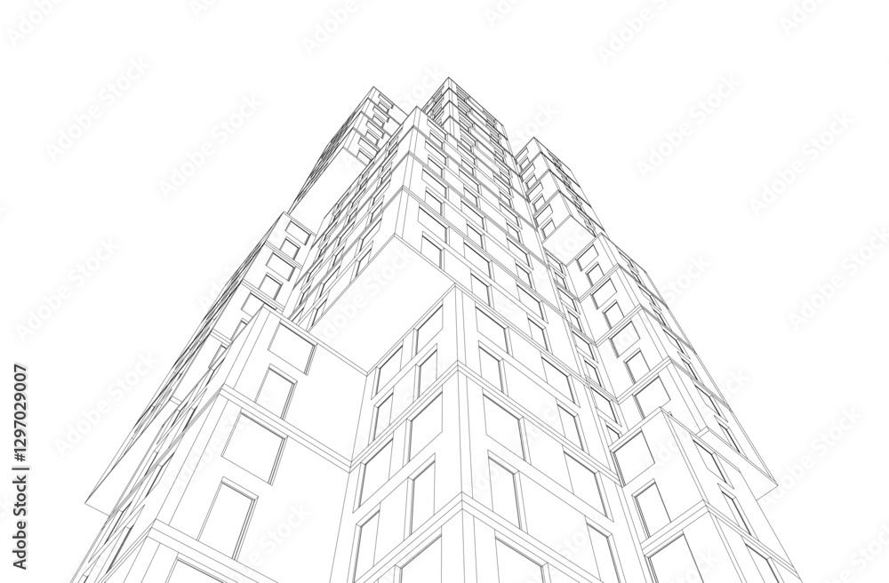 Fototapeta premium Modern Architectural Wireframe. Futuristic building perspective 