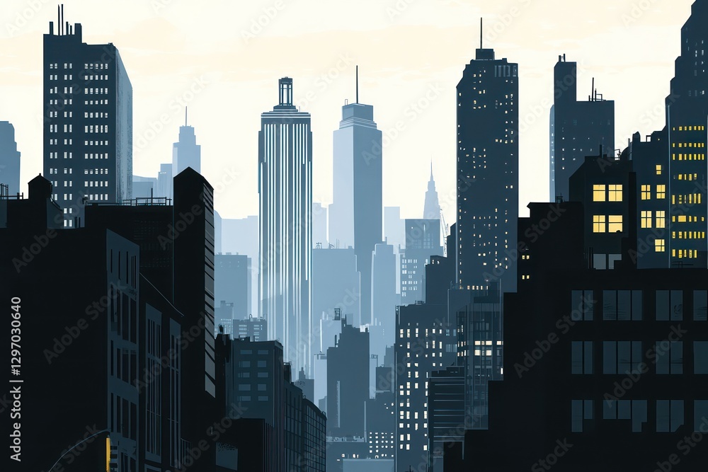 An artistic depiction of a metropolitan city skyline at dawn An artistic depiction of a metropolitan city skyline at dawn