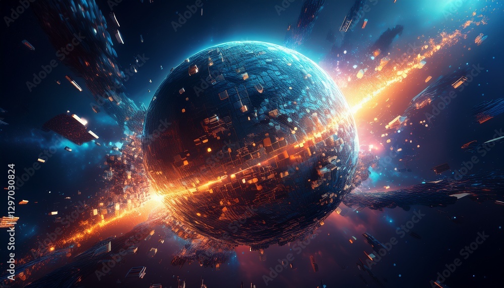 Fototapeta premium 거대한 행성이 픽셀처럼 해체되며 입자로 퍼지는 장면