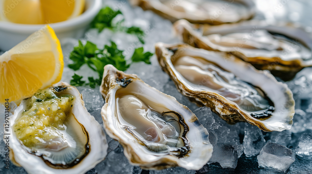 Freshly shucked oysters on ice with lemon wedges Freshly shucked oysters on ice with lemon wedges