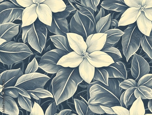 Lush Tropical Leaves and Flowers in Elegant Seamless Floral Pattern for Backgrounds and Textiles