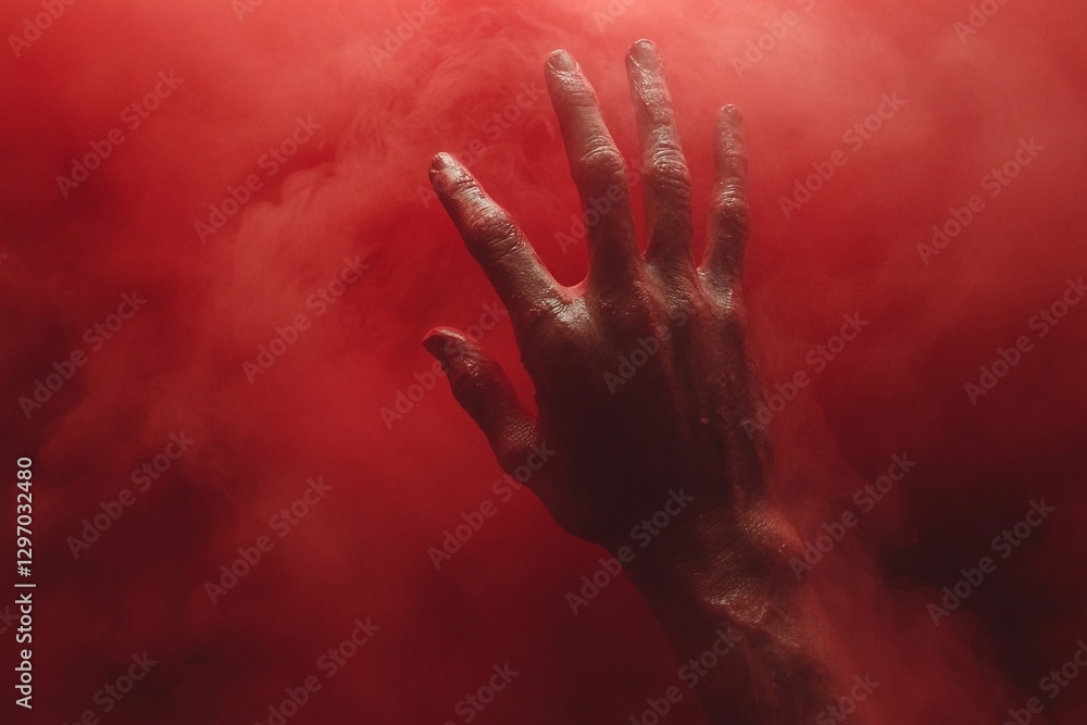 Mysterious hand emerging from red mist creating an eerie and dramatic atmosphere Mysterious hand emerging from red mist creating an eerie and dramatic atmosphere