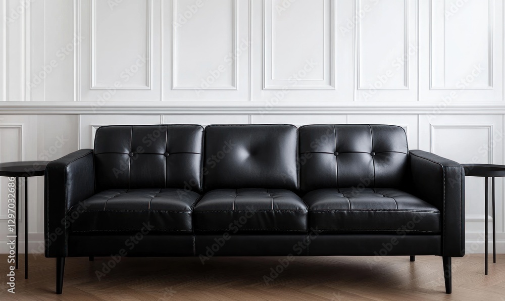 Fototapeta premium Black leather sofa in elegant room; modern interior design; furniture; home decor