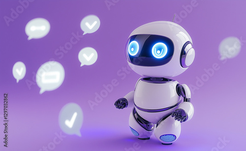 A cute humanoid robot surrounded by speech bubbles, symbolizing communication, social interaction, and the use of AI in everyday life.
