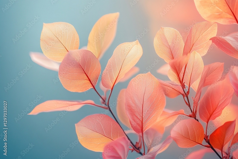 Fototapeta premium Colorful autumn leaves display vibrant hues against a soft blue background in a serene natural setting