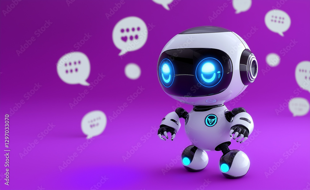 A cute humanoid robot surrounded by speech bubbles, symbolizing communication, social interaction, and the use of AI in everyday life. A cute humanoid robot surrounded by speech bubbles, symbolizing communication, social interaction, and the use of AI in everyday life.