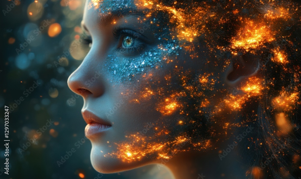 Woman with glowing particles and sparkles in a dreamy forest setting Woman with glowing particles and sparkles in a dreamy forest setting