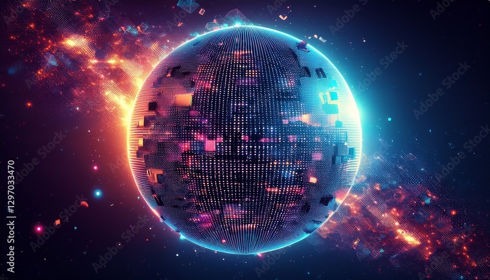 Obraz premium 거대한 행성이 픽셀처럼 해체되며 입자로 퍼지는 장면