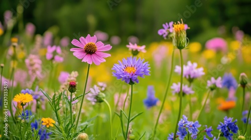 A bright and vibrant bouquet of flowers grows in the middle of a green field, surrounded by sunshine