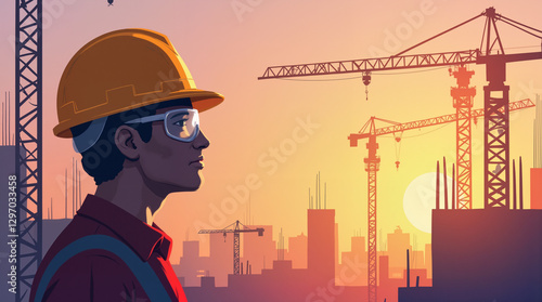 Focused construction worker at sunrise, celebrating Labor Day