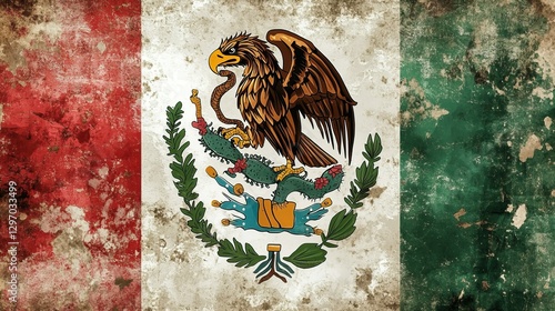Worn mexican flag with eagle and serpent emblem on grungy texture