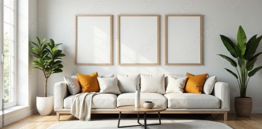 Modern living room setting with empty picture frames on a wall , light, furniture Modern living room setting with empty picture frames on a wall , light, furniture