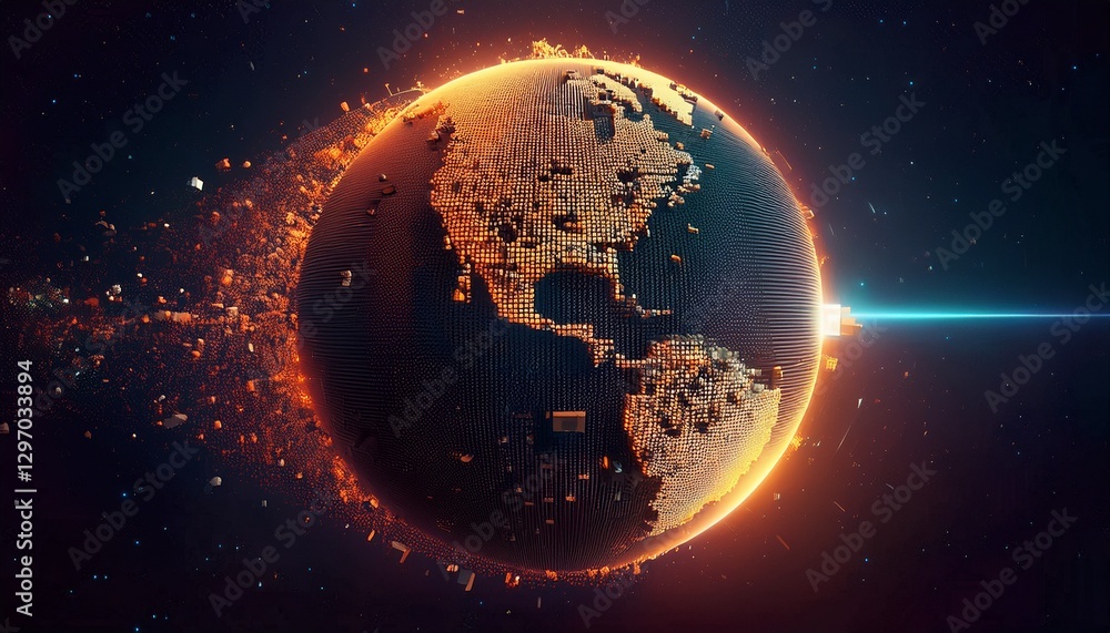 Fototapeta premium 거대한 행성이 픽셀처럼 해체되며 입자로 퍼지는 장면