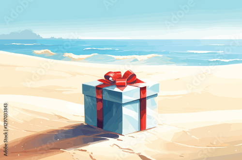 Gift boxes on the beach with ribbons and bows for a holiday celebration