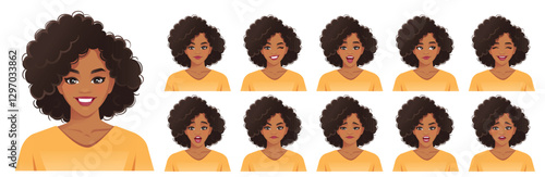 African American young woman with afro hairstyle. Different facial expressions set. Isolated vector illustration