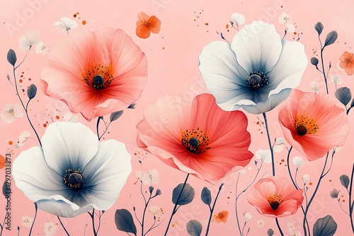 Vibrant flowers bloom against a soft pink background showcasing a mix of colors and delicate details in the arrangement