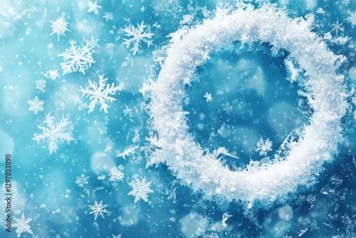Snowflakes and icy wreath create a winter wonderland effect on a bright blue background. Generative AI