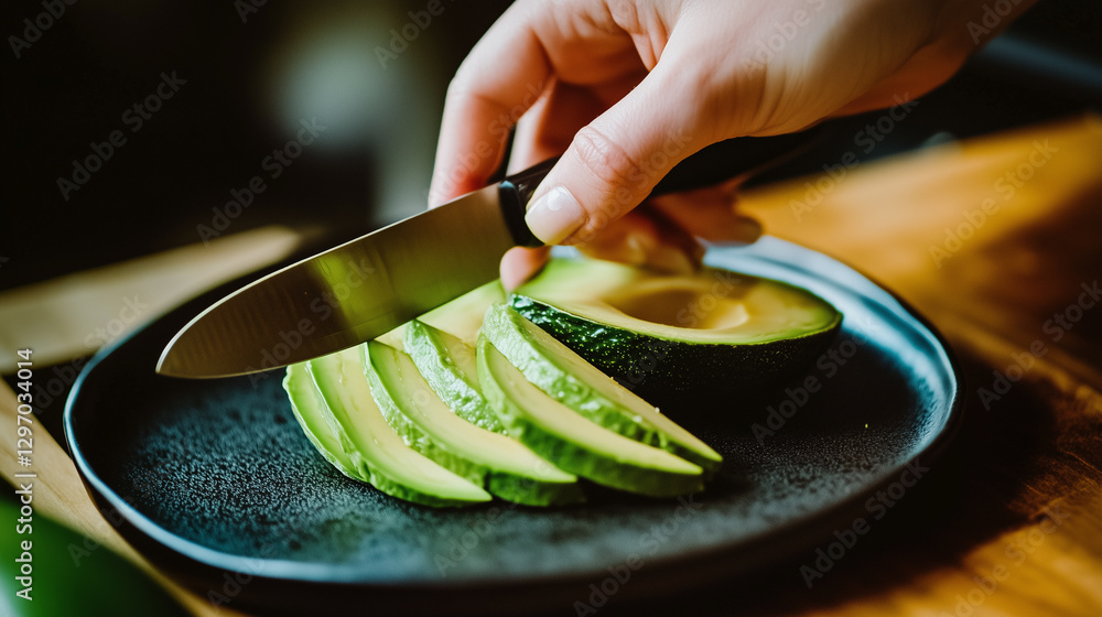 Close-up of a hand slicing a ripe avocado on a black plate Close-up of a hand slicing a ripe avocado on a black plate