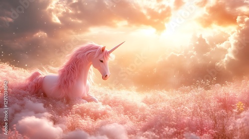 Pink Unicorn Cloud Meadow Sunset