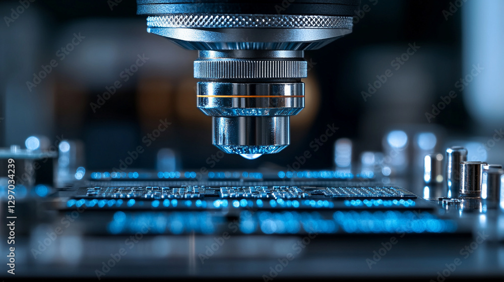 Close-up inspection of microchips in a high-tech lab with metal instruments, highlighting precision, innovation, and advanced technology in the field of electronics and microengineering.
Close-up inspection of microchips in a high-tech lab with metal instruments, highlighting precision, innovation, and advanced technology in the field of electronics and microengineering.