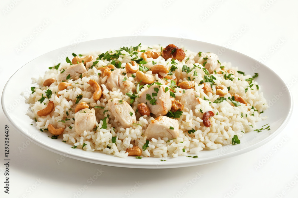 White Plate of Chicken Sautéed with Cashew Nuts and Rice on a White Background White Plate of Chicken Sautéed with Cashew Nuts and Rice on a White Background