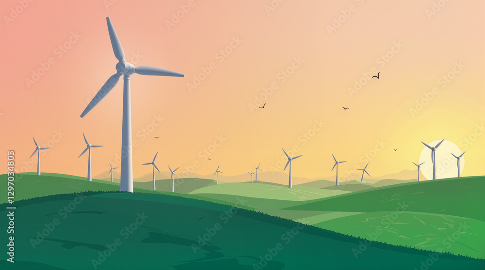Obraz premium Smiling wind turbines in green fields at sunset, promoting sustainability