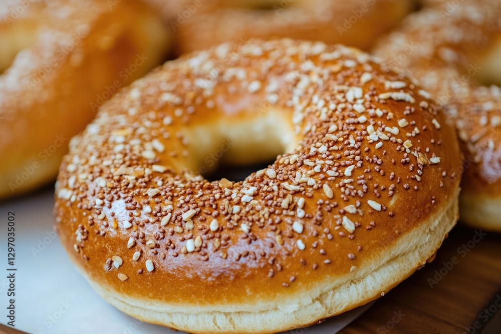 A detailed shot of a toasted bagel covered in sesame seeds, perfect for food or lifestyle photography A detailed shot of a toasted bagel covered in sesame seeds, perfect for food or lifestyle photography