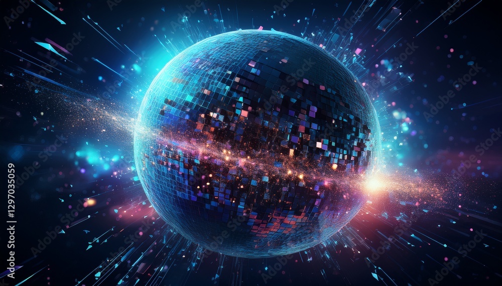 Obraz premium 거대한 행성이 픽셀처럼 해체되며 입자로 퍼지는 장면